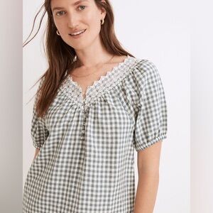 Madewell Green and White Gingham Lace-Trim Blouse